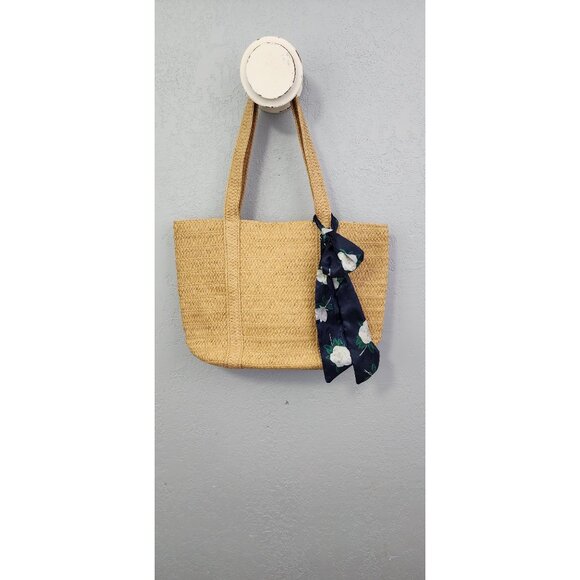 Straw Tote Bag With Floral Scarf Accent & Blue Lining By Draper James - Picture 1 of 6